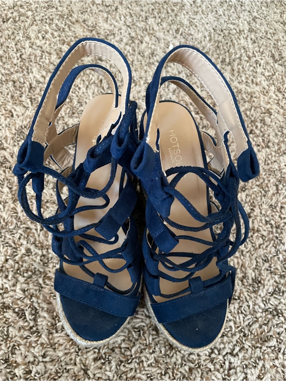 Navy Lace-Up Espadrille Wedge Sandals